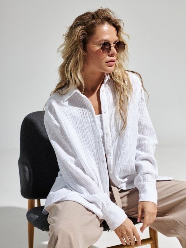 Suninbox 2023 Women's Spring Summer 100% Cotton Shirts Office Lady Casual Oversized Crepe Shirts White Long Sleeve Loose Blouse