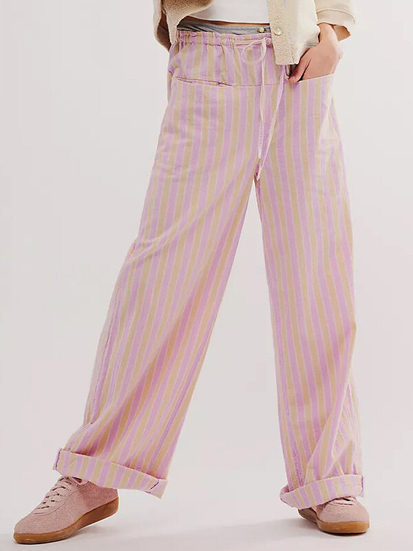 Pantalones holgados de verano para mujer, cintura con cordón, pierna ancha, pantalones a rayas con 2 bolsillos, pierna recta, pantalones casuales versátiles