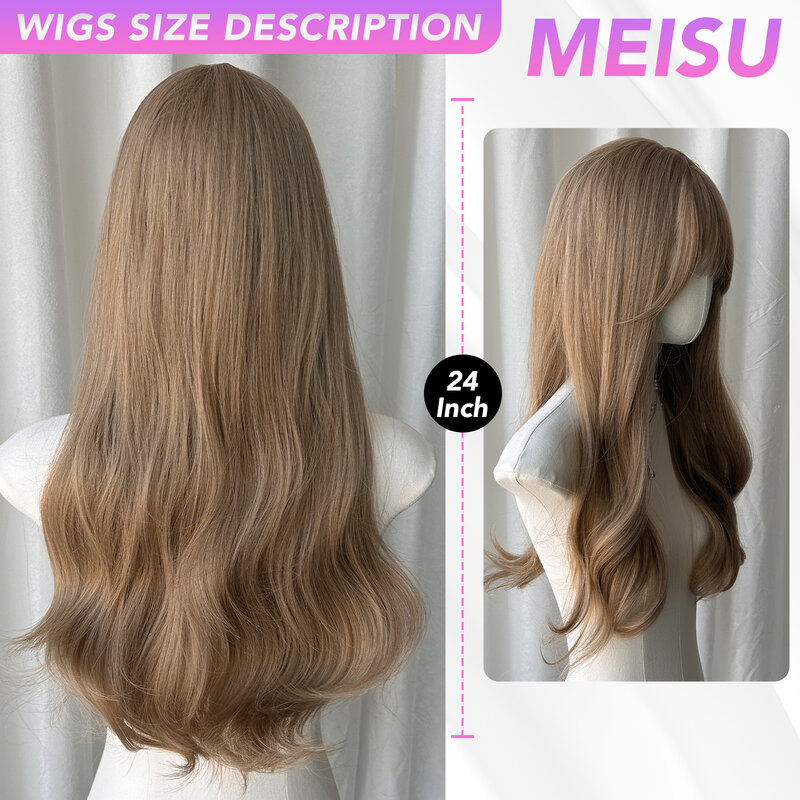 MEISU 24-дюймовые коричневые вьющиеся парики воздушные челки синтетические термостойкие волнистые волосы милые и Натуральные Искусственные или Селфи