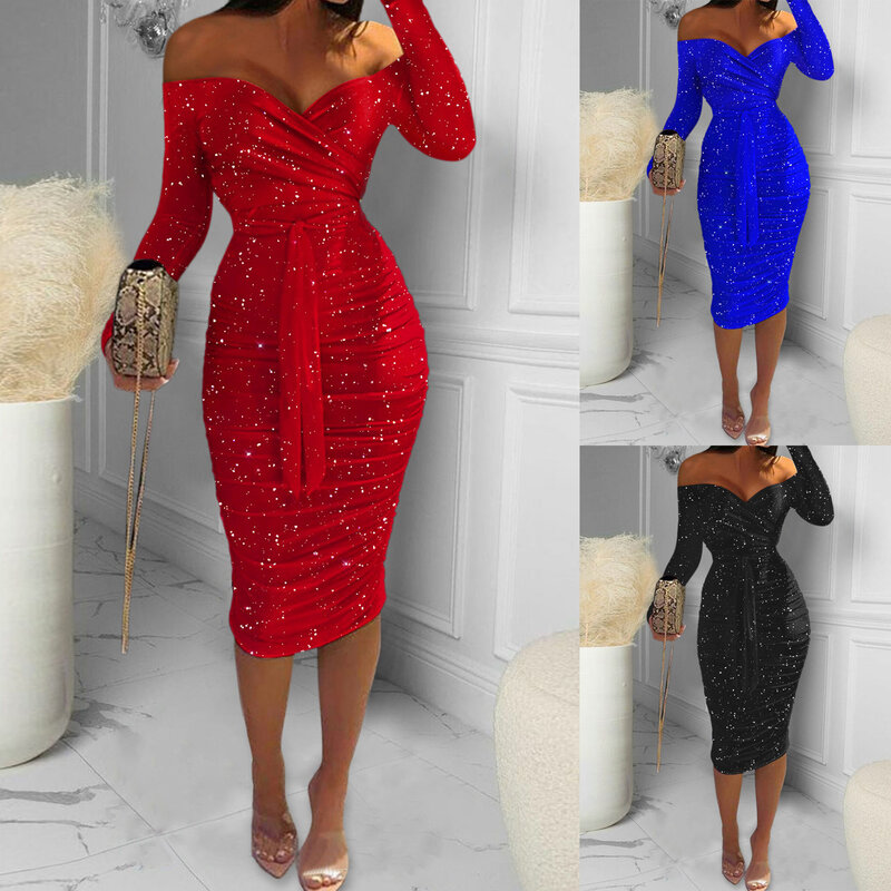 Spring New Dress Women's Sexy Solid Gilded Open Shoulder Strap Long Sleeve One Line Collar Sequin Pleated Elegant Tight Skirt