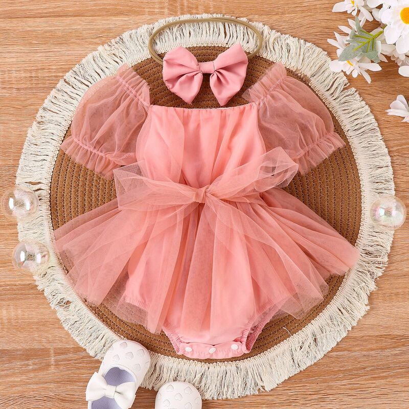 Baby Girl pagliaccetto Dress Toddler Girl Summer Clothes Set Infant Baby outfit Mesh Lace tuta + Bow Hairband Clothing