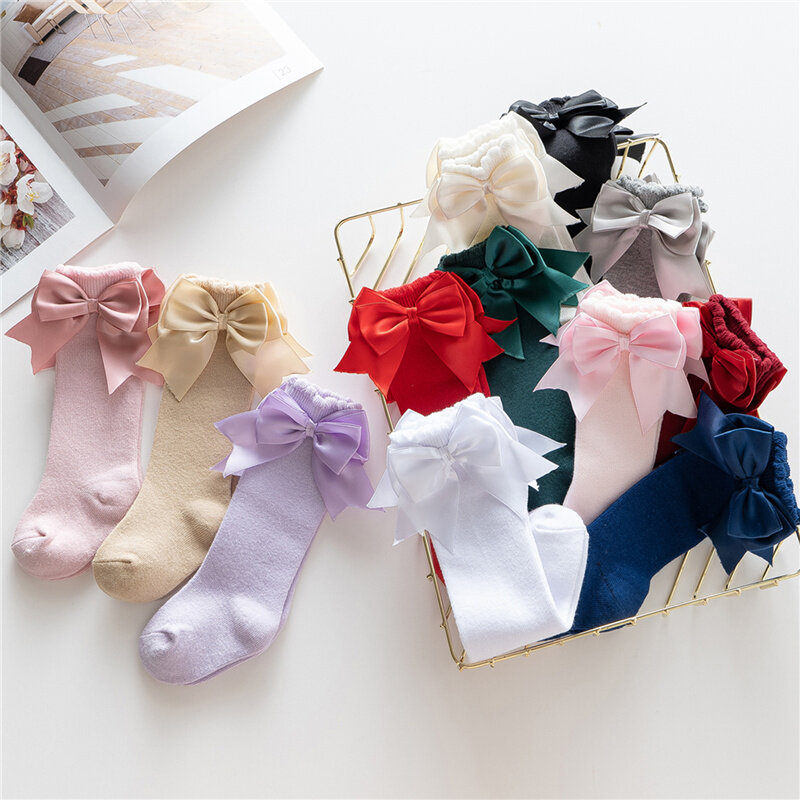 Calcetines por debajo de la rodilla para bebé y niña, medias de Color sólido, decoración de lazo acanalado, transpirable, accesorio cálido para piernas