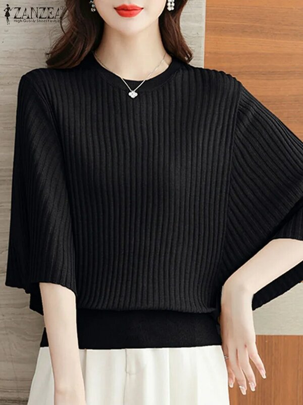 ZANZEA 2024 Fashion Women Blouses Ribbed Knitted Spring OL Flared Sleeve Shirt Casual Elegant O Neck Solid Color Blusas Tops