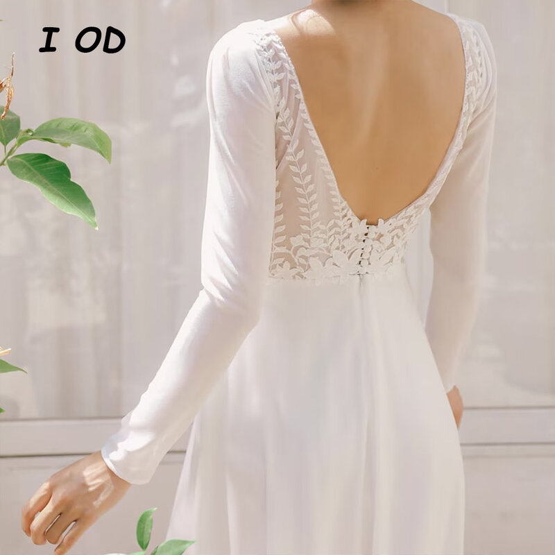 I OD Modern A-Line Wedding Dress O-Neck Long Sleeves Backless Bridal Gown Floor Length Appliques Vestidos De Novia Custom Made
