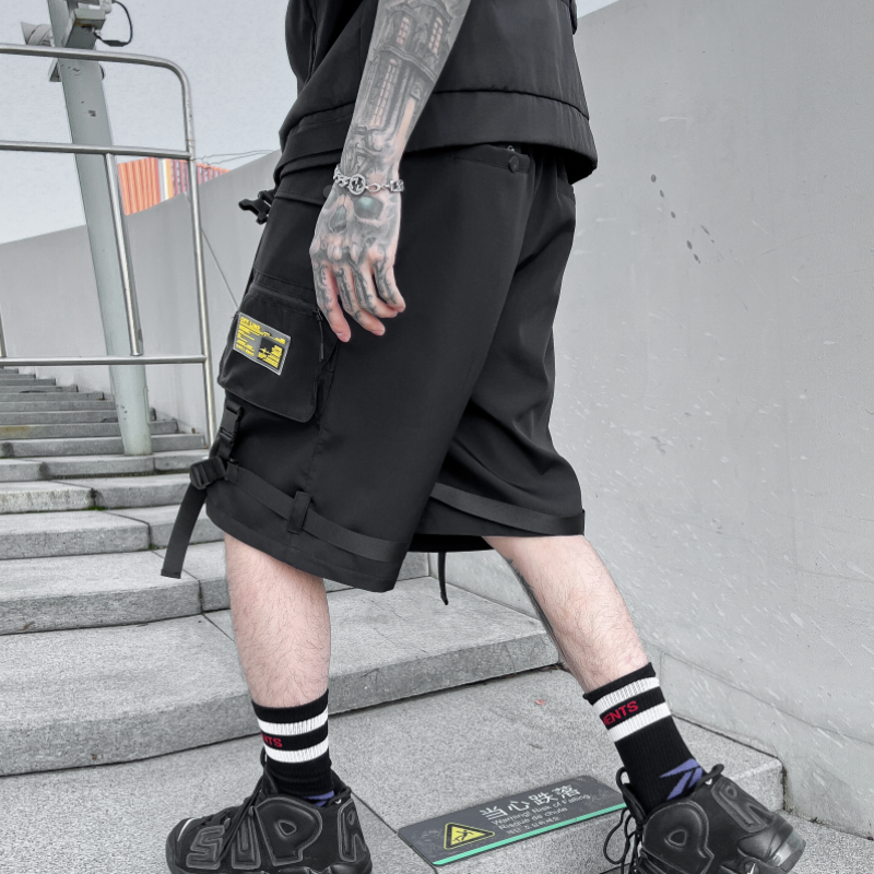 Calções de fita masculina e feminina, calça curta na altura do joelho, streetwear preto, hip hop, ao ar livre, verão, novo