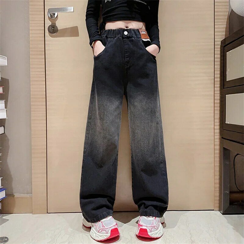 Pantalones vaqueros de pierna ancha para niña, versión coreana, color degradado, 6-15 años, primavera y otoño, 2024