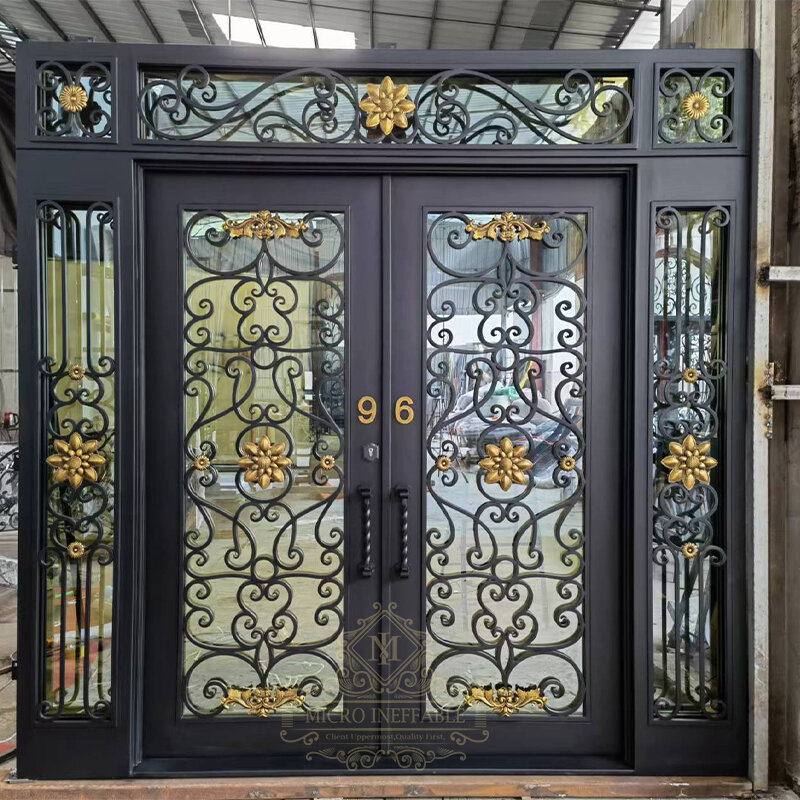 Doskonała jakość Francuski styl Zewnętrzne podwójne szklane drzwi zabezpieczające z kutego żelaza Podwójne przednie drzwi wejściowe