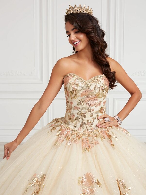 Champagne charo Quinceanera abiti Ball Gown Sweetheart Tulle Appliques Puffy Mexican Sweet 16 abiti 15 Anos