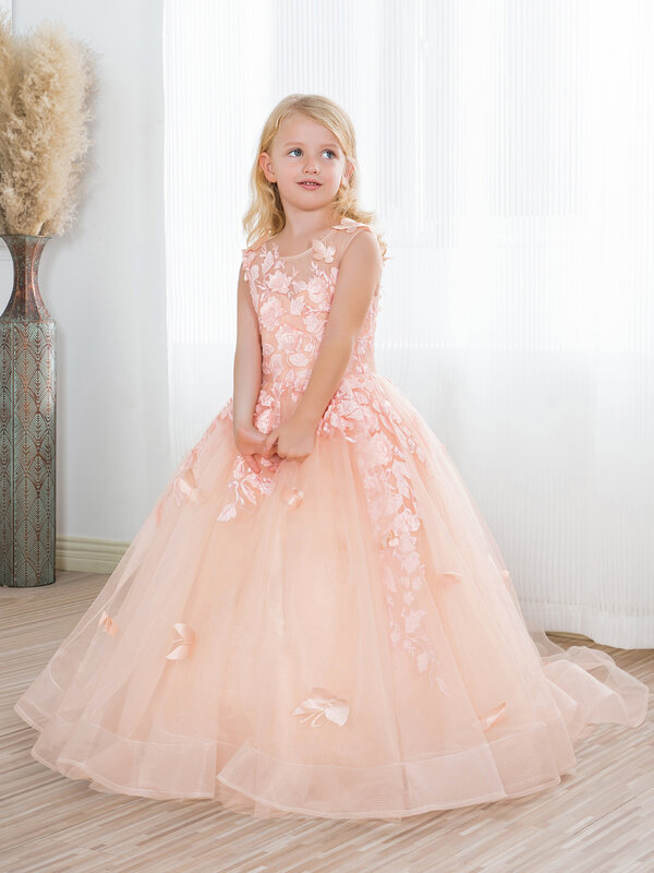 Real Photo Tulle Princess Flower Girl Dress Butterfly Floral Appliques senza maniche Party Ball Gown bambini Girls Pagent Dress