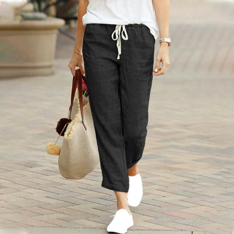 Calça longa casual feminina com bolsos, ajuste solto, cintura elástica, cordão, monocromática, calça senhora do escritório, streetwear