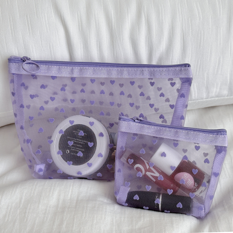 Bolsa de maquillaje de malla púrpura para mujer, bonita bolsa transparente con cremallera, estampado de corazón, estuche para lápices, bolsa de almacenamiento de artículos de tocador de viaje