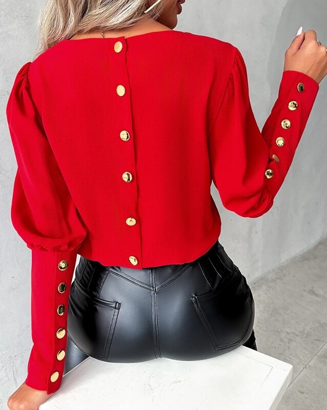 Blusa feminina com gola redonda elegante, camisas de manga comprida para senhoras, blusa com botão de metal, pulôver feminino, 2023