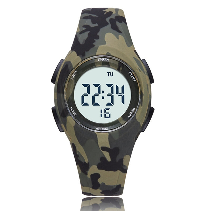 OHSEN Kids Watches Camouflage Green Sport 50M Waterproof Electronic Wristwatch Stopwatch LED Digital Alarm Clock Children Watch