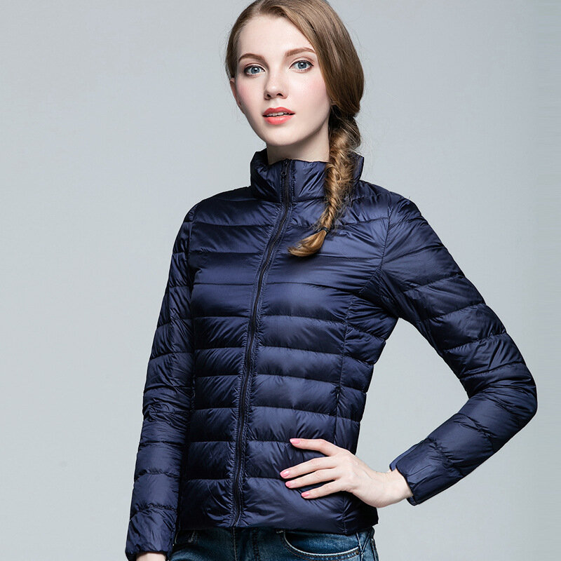 Fashionable Women's Warm White Duck Down Standing Collar Down Jacket, Autumn and Winter Solid Color Ultra-thin Women's Jacket