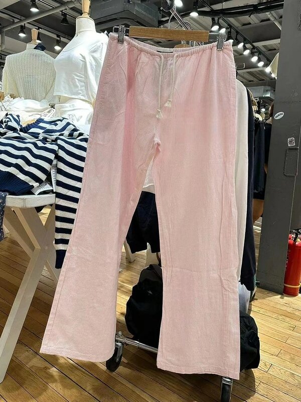 Calça esportiva retrô listrada rosa para mulheres, cintura alta, linho, casual, perna larga, streetwear Y2K, calça solta, chique, outono
