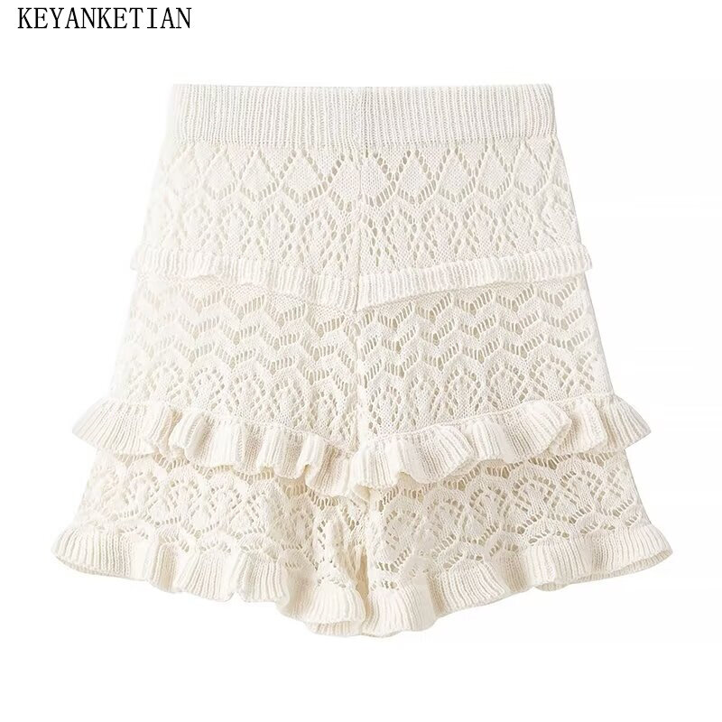 Keyanketian-Crochet feminino escavar Shorts de malha, Pantskirt de férias boêmio, babados em camadas, quente, novo lançamento, 2022, quente