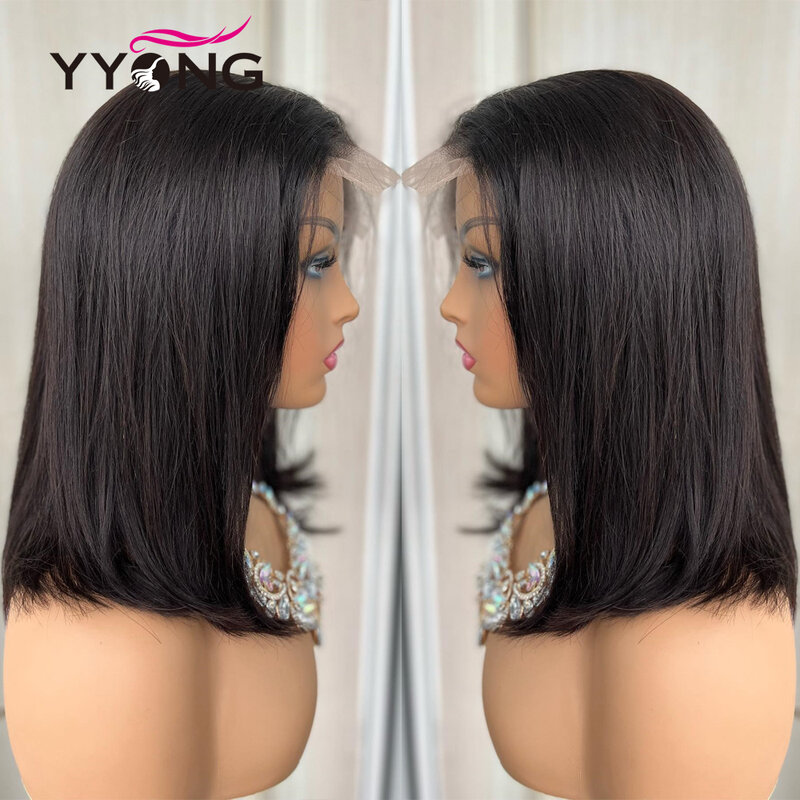 Yyong-Peluca de cabello humano liso para mujeres negras, postizo prearrancado transparente de encaje, corte Bob corto brasileño, Remy, parte en T