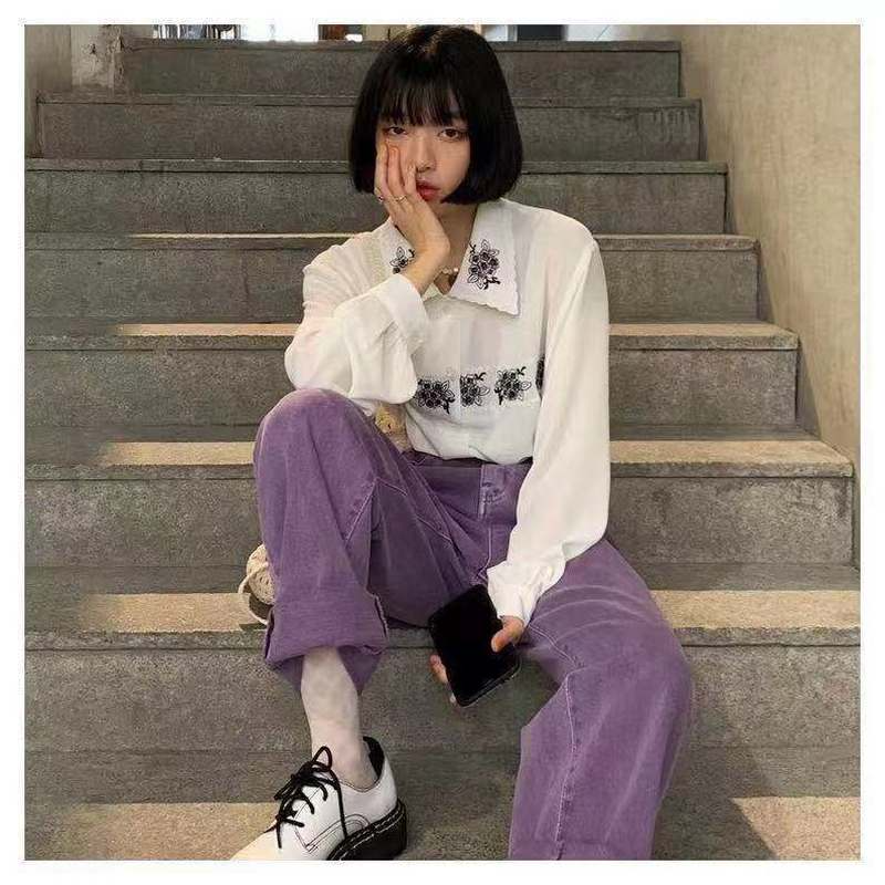 Pantalones rectos de pana para mujer, pantalón de cintura alta con bolsillo, color púrpura, moda informal coreana, Y2K, Otoño, 2022