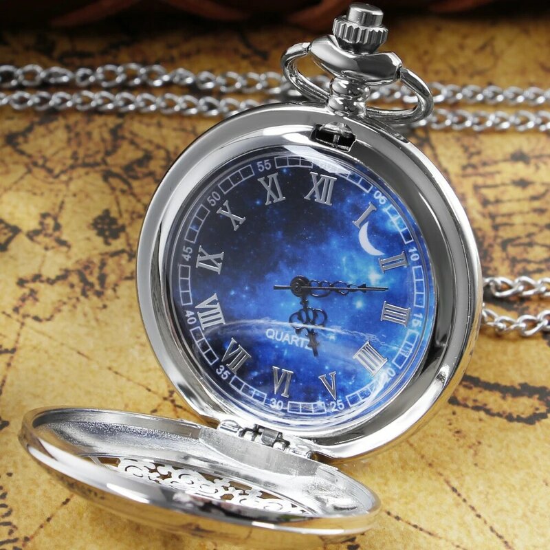 جميع الصيادين رومانسية نجمة القمر قلادة ساعة الجيب الأزرق المرصعة بالنجوم الطلب تصميم قلادة كوارتز ساعة النساء الرجال الهدايا
