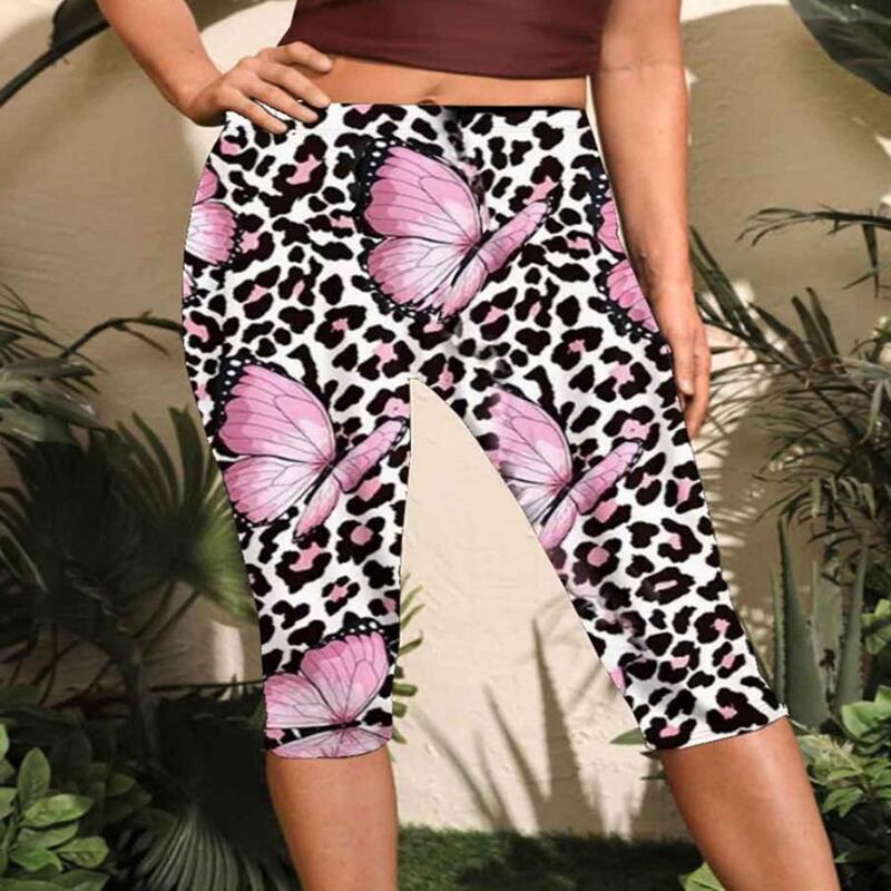 Pantalones recortados con estampado de leopardo para mujer, pantalones de cintura alta con bolsillos laterales, ajustados, pantalones de salón de media pantorrilla para correr