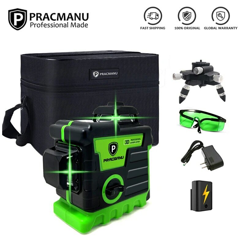 Pracmanu 레이저 레벨 12 라인 3D 레벨 수평 및 수직 크로스 슈퍼 강력한 녹색 레이저 빔
