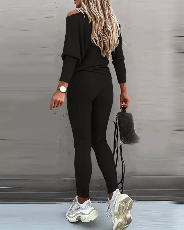 Conjunto esportivo monocromático casual feminino, top de um ombro, calça comprida, manga comprida, cordão de cintura alta, moda, 2023