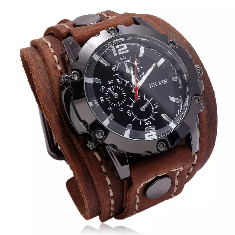 Mens Quartz Watches Jessingshow Luxury Wristwatch 2023 Cowhide Watchband Punk Style Watch for Men Wide Genuine Leather Bracelets