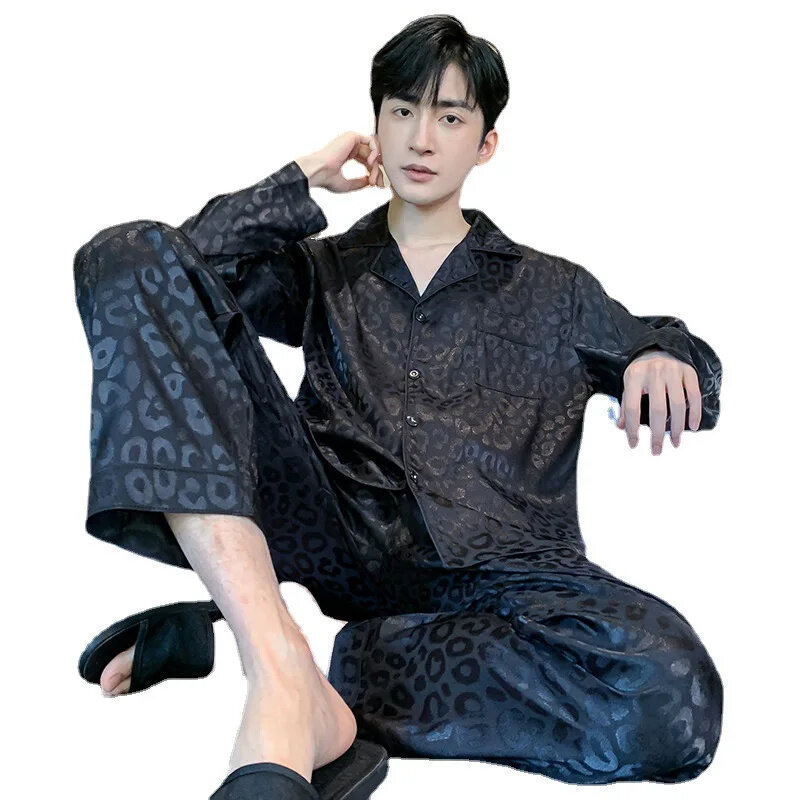 Conjunto pijama de cetim de seda gelo masculino pijama manga comprida, loungewear, calças sono, pijama de outono