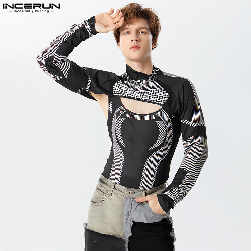 INCERUN 2024 Sexy Men's Jumpsuits Locomotive Wind Printing Two-piece Bodysuits Stylish Male Triangle Long Sleeved Rompers S-3XL