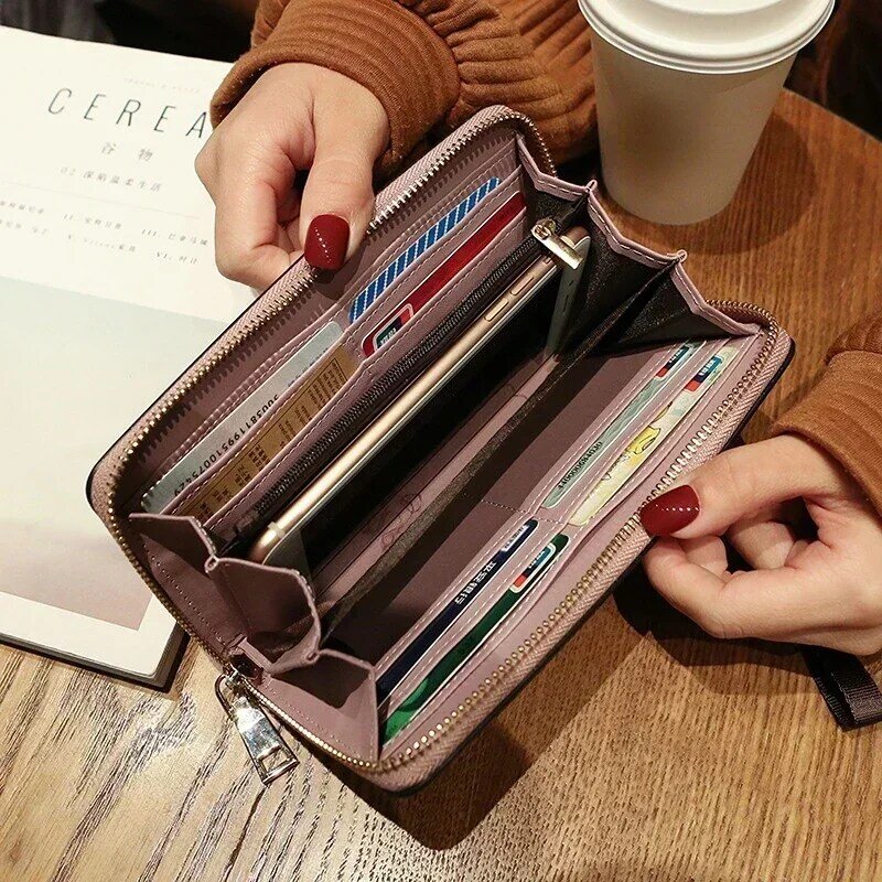 Kobiety długi portfel dorywczo Pu skóra solidna uniwersalna torba na telefon komórkowy portfel na monety i karty przenośna torebka kobieta кошелек женский