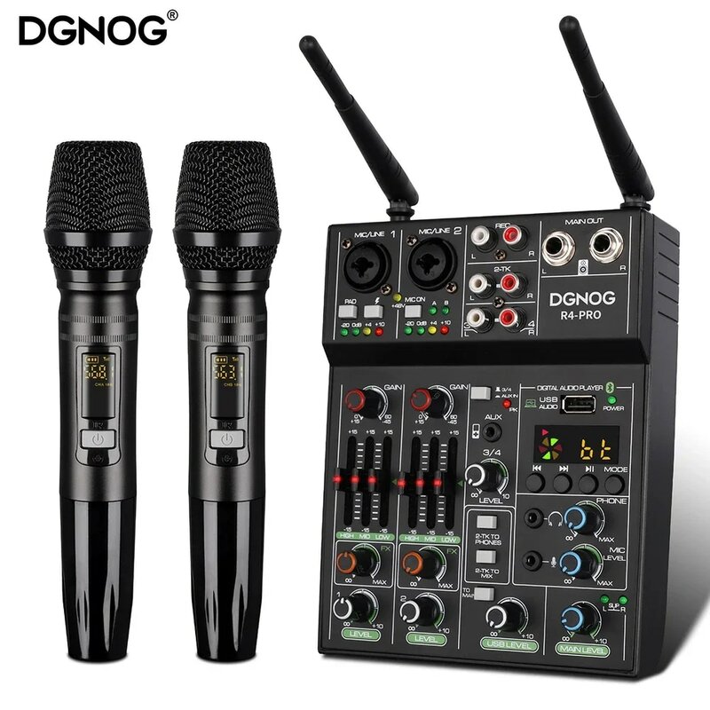 4-kanaals audio-mixer met draadloze microfoon, USB-geluidstafel, Bluetooth-console voor DJ-mixing op feestjes, Soundbar voor karaoke-machine