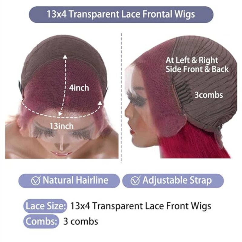 Pelucas frontales de encaje Borgoña, cabello humano prearrancado, recto, 4x4, HD, sin pegamento