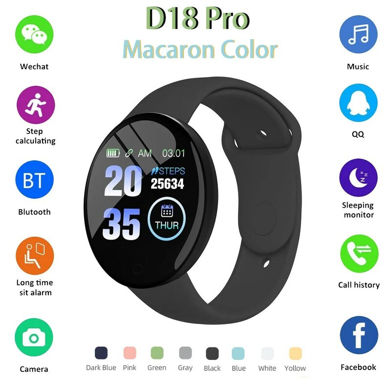 D18pro Smart Caller & Message Reminder Watch Bluetooth Sport Fitness Tracker Bracelet Sleep Monitoring Heart Rate Blood Pressure