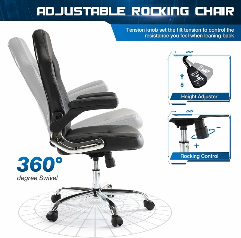 Cadeira de escritório giratória ergonómica para jogos, cadeira de secretária para computador, encosto alto, ajustável, com braços flip-up