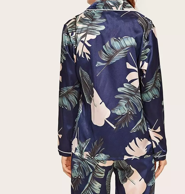 Conjunto de Pijama con estampado de 2 piezas para Mujer, ropa de dormir de satén de seda sintética, con botones, de manga larga, para primavera y verano