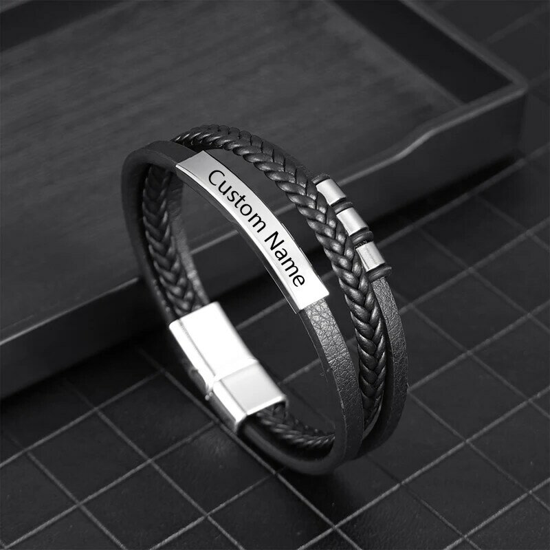 New Custom Name Braided Leather Cuff Bracelet Personalized Stainless Steel Bangle Men's Charm Wristbands Boyfriend Gift Jewelry