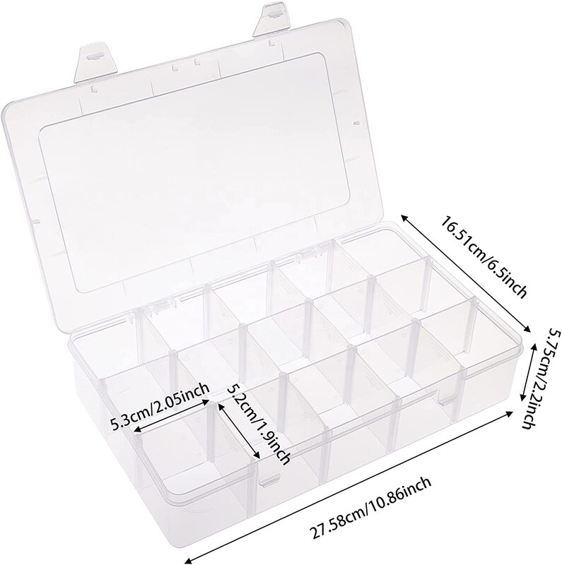 Boîte de rangement transparente avec séparateurs pour perles, conteneur de couture, grand, 15 grilles, paquet de 4