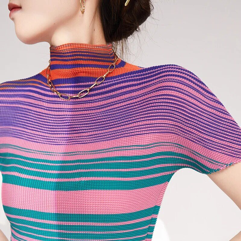 Miyake Pleated Women's Simple Printing O-Neck Slim Fit Striped T-shirt Short Sleeve Slim Midi Pleated Skirt Two Piece Set