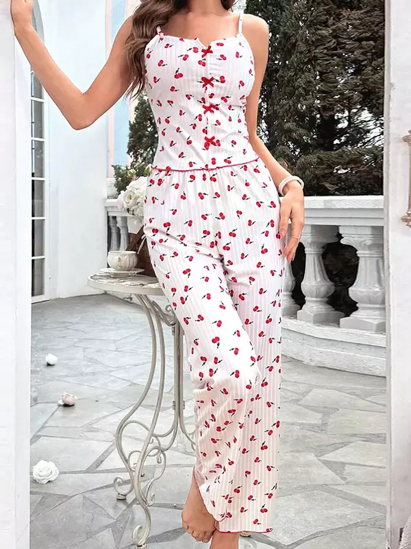 Conjunto de pijamas estampado feminino, malha pura, patchwork, camisola, top crop, calça de cintura alta, loungewear, sexy, novo, 2 peças, 2024