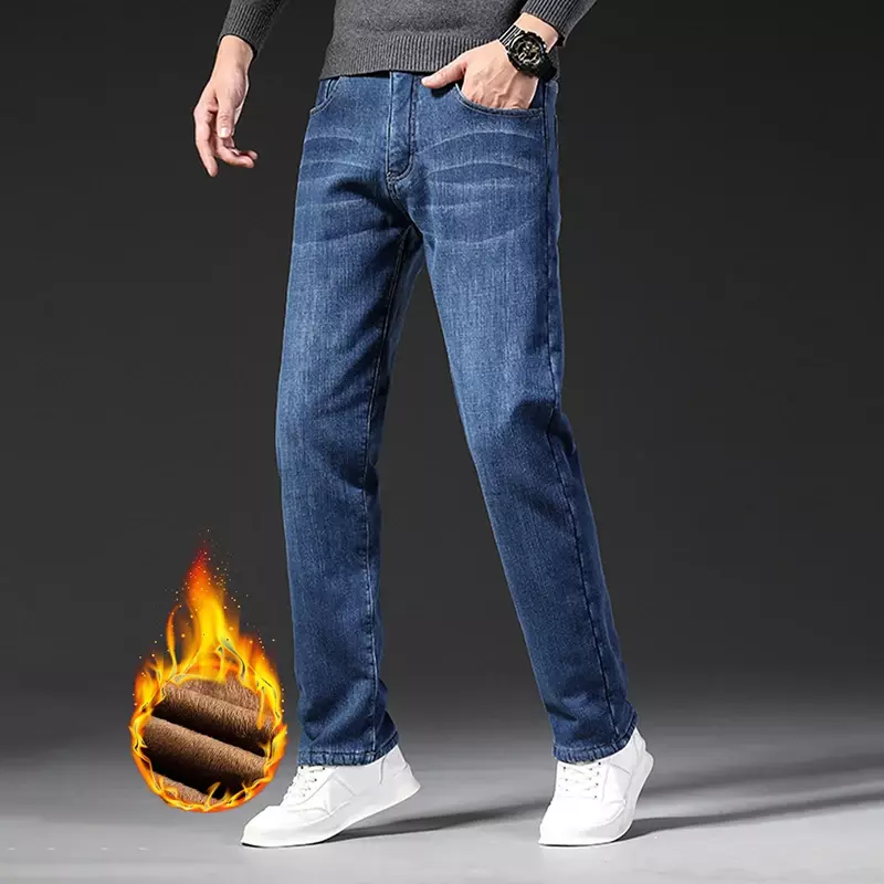 Celana panjang pria bermerek, celana bulu tebal mikro tebal termal klasik bisnis kasual regang Musim Dingin 2023