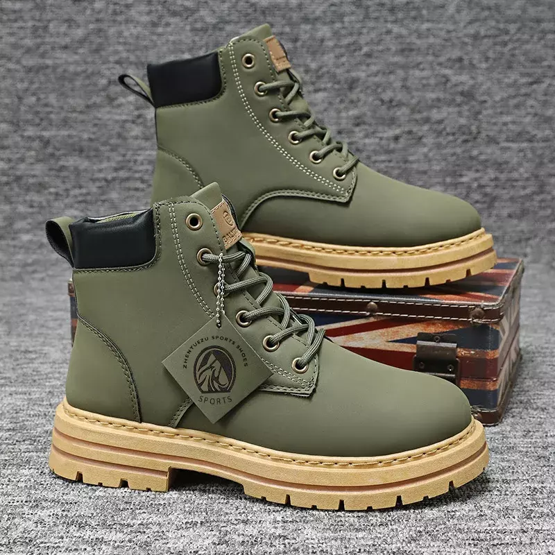 High Top Men Boots Fashion Motorcycle Ankle Boots for Men New Green Male Military Boot Winter Lace-Up Men's Shoes Botas Hombre