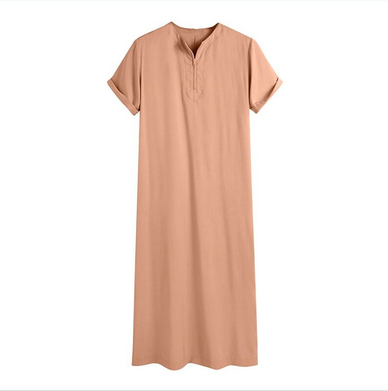 Vestido comprido de gola redonda muçulmana masculina, Thobe islâmico, manga curta sólida, camisas Henley, roupão árabe, roupas do Ramadã, 2022