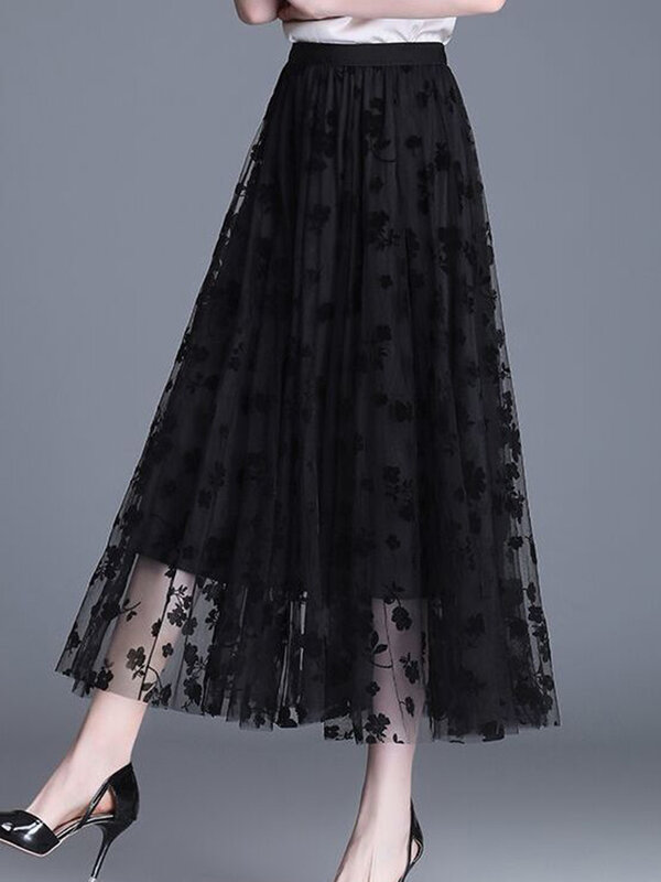 Rok jaring motif bunga Midi A-Line, rok jala longgar elegan, Rok kantor kasual warna hitam musim panas untuk wanita