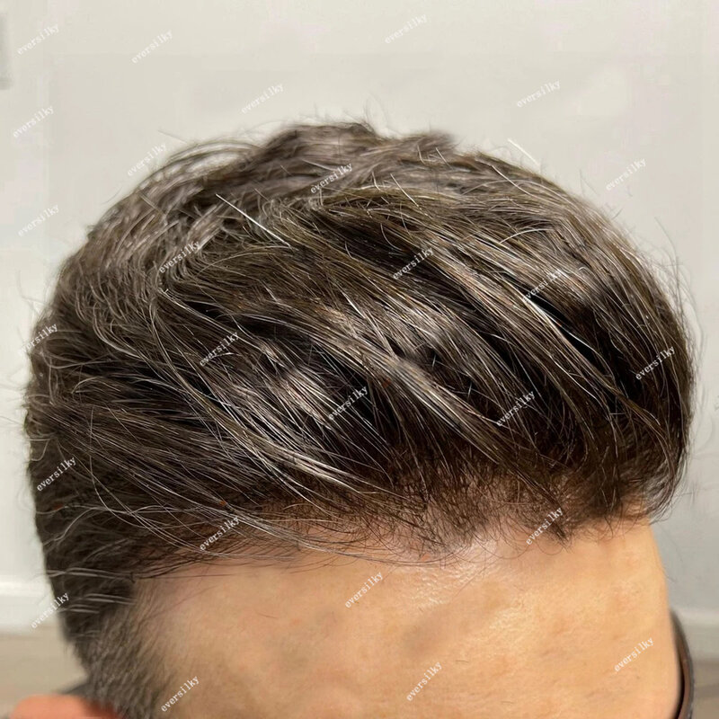 Garis rambut alami 1b40 1B80 abu-abu Super tahan lama tipis pria coklat wig rambut manusia kulit mikro Pu prostesis kapiler