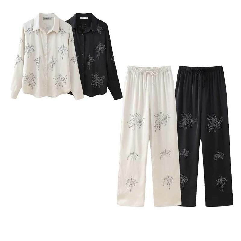 세트 여성용 절묘한 비즈 자수 긴팔 셔츠 재킷 및 신축성 허리 바지, 조커 세트, 2024 신상 패션
