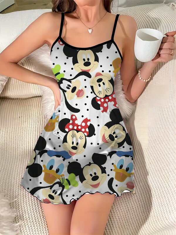 Vestido de verano de Mickey Mouse con falda de pijama, prenda elegante con ribete de lechuga, cuello redondo, superficie de satén, 2024