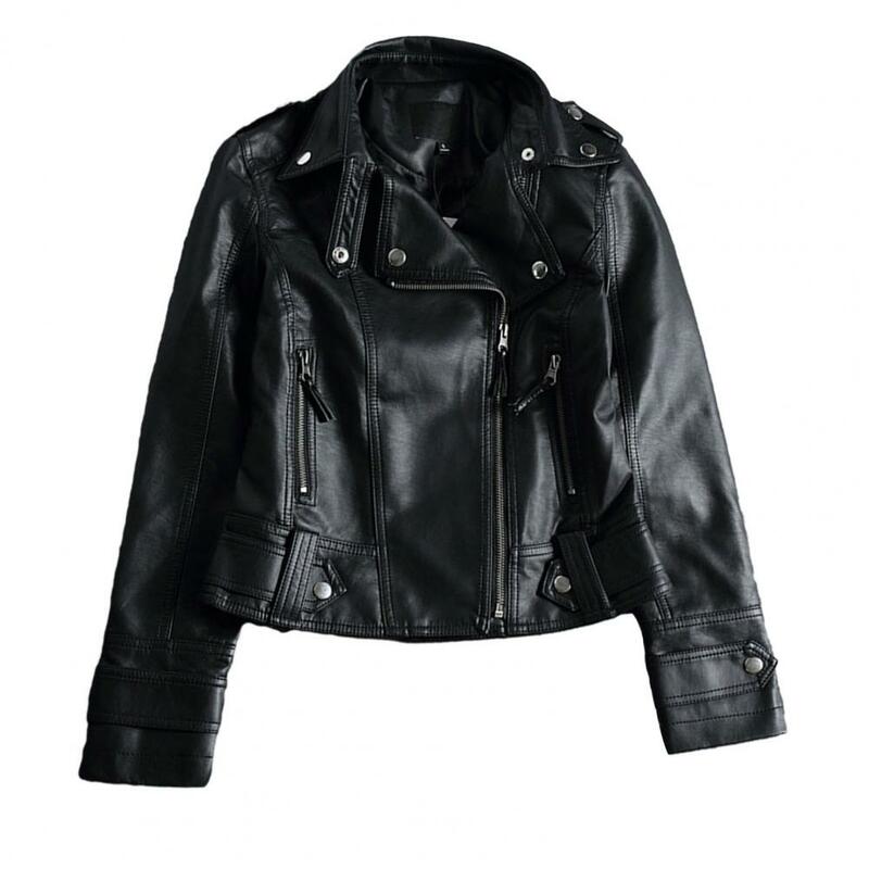 Ritsleting saku jaket wanita jaket motor wanita jaket motor bergaya wanita jaket motor kulit imitasi dengan ritsleting untuk Streetwear
