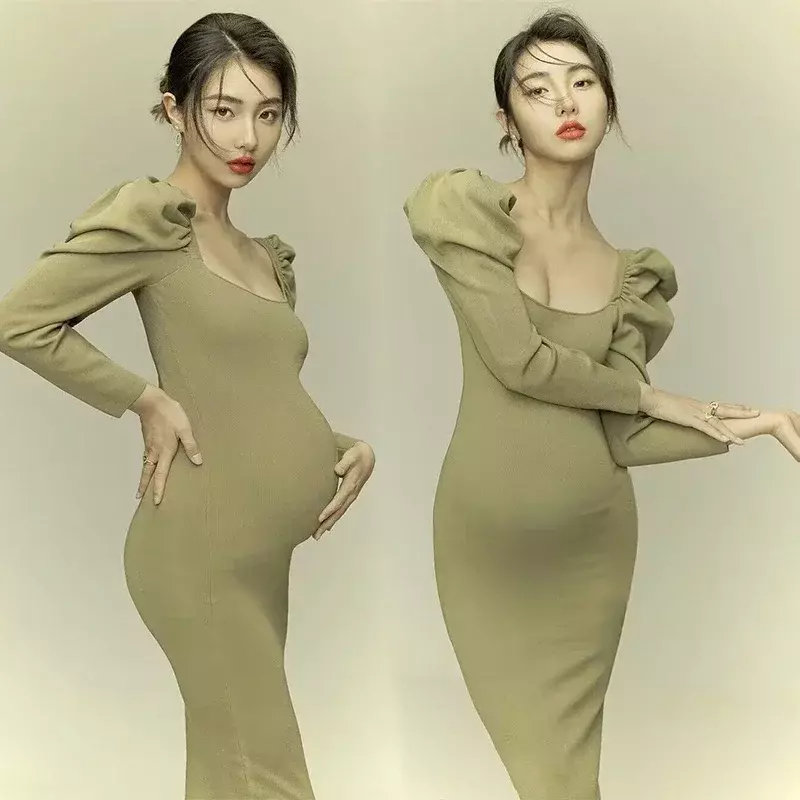 Vestidos de maternidad de punto para mujer, accesorios de fotografía, mangas completas, cuello cuadrado, ropa elegante para sesión de fotos de estudio, Coreano