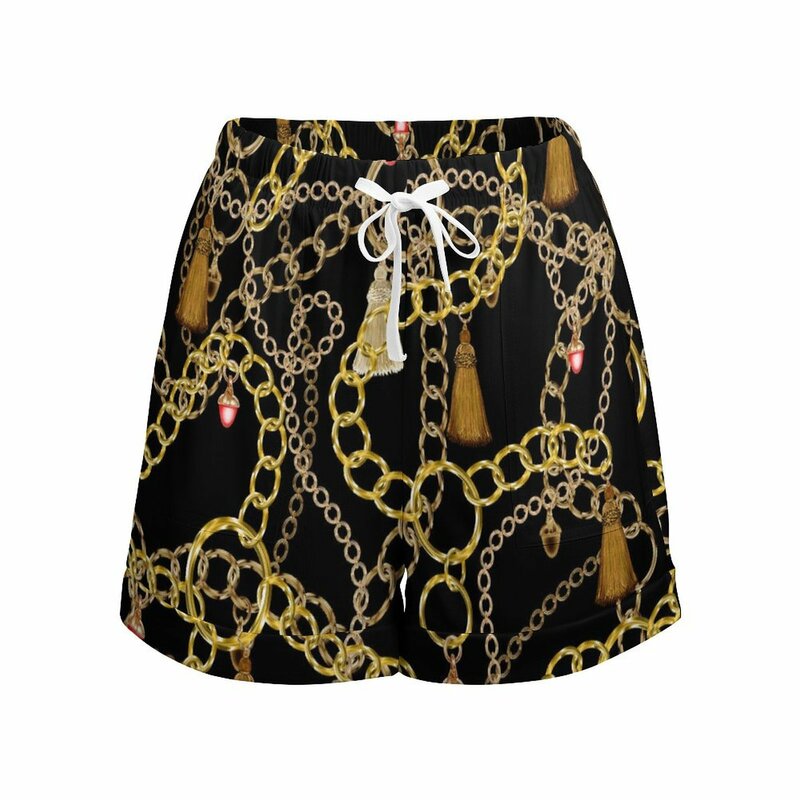 Шорты с золотыми цепочками, милые летние дизайнерские Короткие штаны с принтом ювелирных изделий, с карманами, уличный стиль, 2XL 3XL