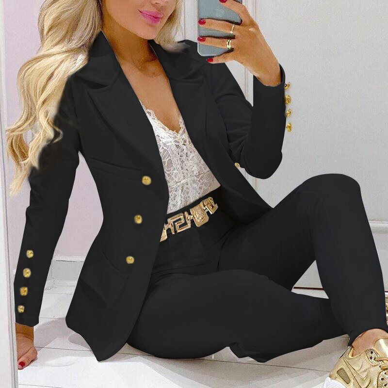Two Piece Set Indie Single Breasting Blazer Suit Women Fashion Solid Blazer High Waist Leggings Casual Suit Club Party Suits